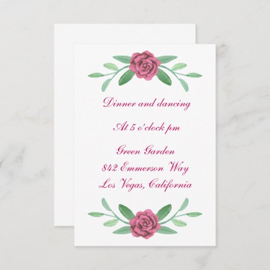 ピンクの花と緑の葉の結婚式の披露宴 招待状 (正面/裏面)