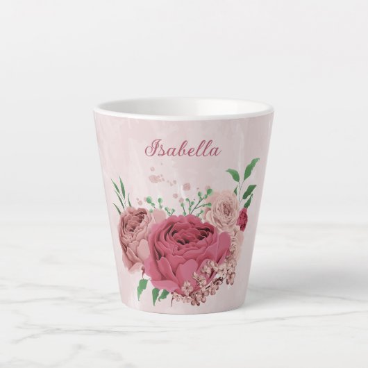 ピンクの花と緑の葉 カフェラテマグ (正面)
