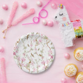 ピンクの花と緑の葉 ペーパープレート (パーティー)