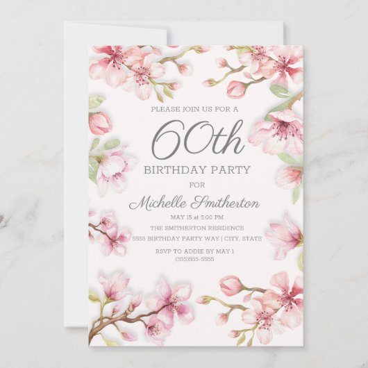 ピンクの花と緑の葉　女性の60歳の誕生日 招待状 (正面)