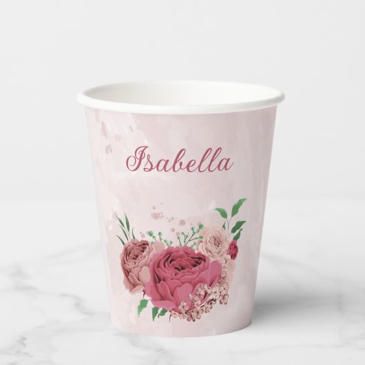 ピンクの花と緑の葉 紙コップ (正面)