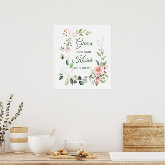 ピンクの花と緑の装飾のキスゲーム 推測してみて！ ポスター (キッチン)