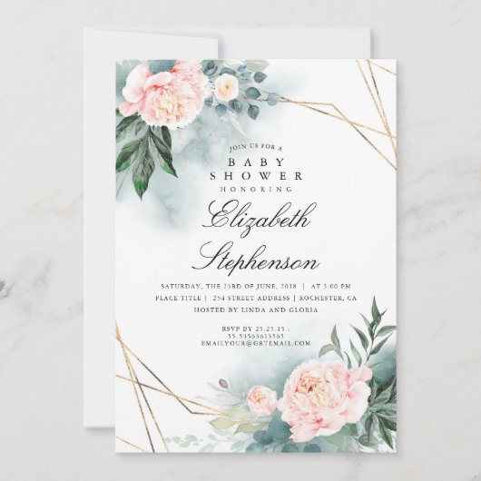 ピンクの花と緑の赤エレガントちゃんシャワー 招待状 (正面)