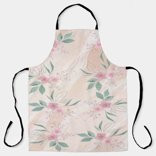 ピンクの花と緑の離れ花のパターン エプロン (正面)