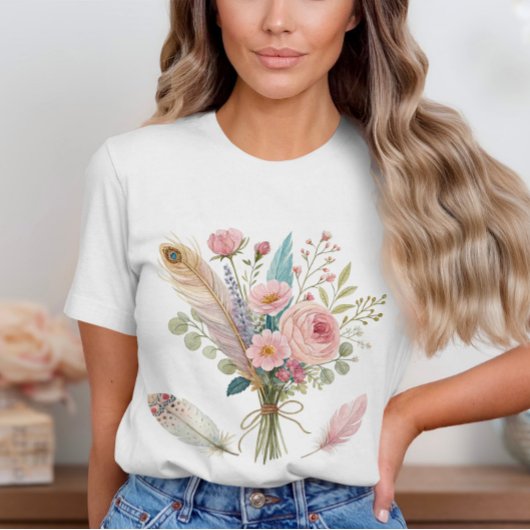 ピンクの花と羽Tシャツ Tシャツ