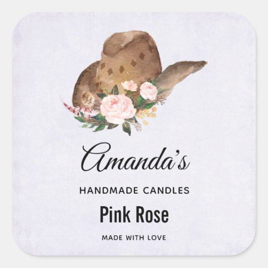ピンクの花と茶色の女性のカーボーイハットろうそくビジネス スクエアシール (正面)