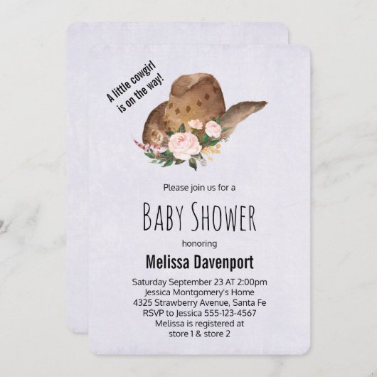 ピンクの花と茶色の女性のカーボーイハット赤ちゃんシャワー 招待状 (正面/裏面)