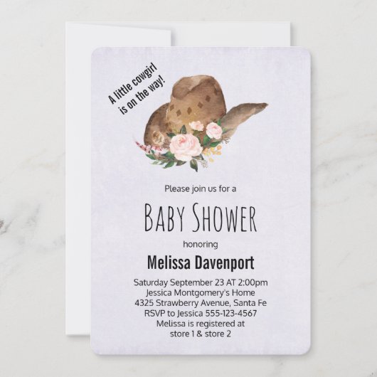 ピンクの花と茶色の女性のカーボーイハット赤ちゃんシャワー 招待状 (正面)