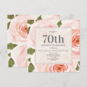 ピンクの花と葉のデザインが可愛い70歳の女性の誕生日 招待状 (正面/裏面)