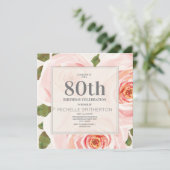 ピンクの花と葉のデザインが可愛い80歳の誕生日お祝い 女性用 招待状 (スタンド正面)