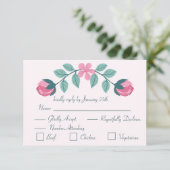 ピンクの花と葉のレスポンスカード RSVP (スタンド正面)