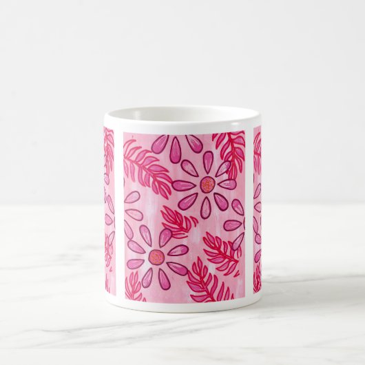 ピンクの花と葉の抽象マグカップ コーヒーマグカップ (中央)
