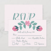 ピンクの花と葉の返信カード RSVP (正面/裏面)