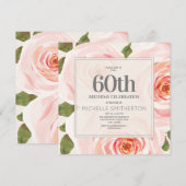 ピンクの花と葉の60歳の誕生日 女性 招待状 (正面/裏面)