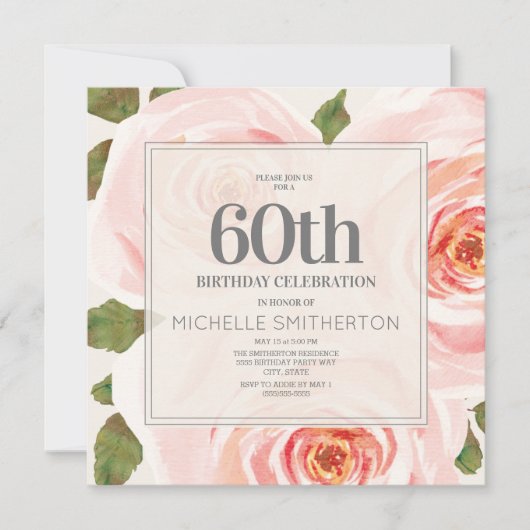 ピンクの花と葉の60歳の誕生日 女性 招待状 (正面)