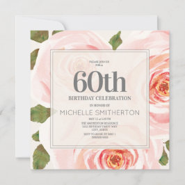 ピンクの花と葉の60歳の誕生日 女性 招待状