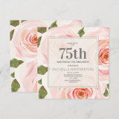 ピンクの花と葉の75歳の誕生日お祝い 女性用 招待状 (正面/裏面)