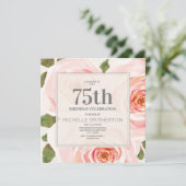ピンクの花と葉の75歳の誕生日お祝い 女性用 招待状 (スタンド正面)