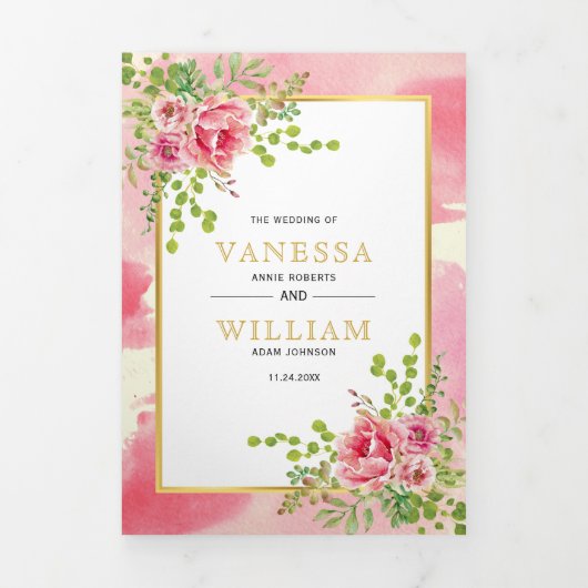 ピンクの花と葉春フローラ結婚boho's 三つ折り招待状 (カバー)