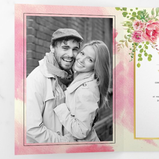 ピンクの花と葉春フローラ結婚boho's 三つ折り招待状 (内部最初)