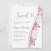 ピンクの花と葉 スウィート16 16歳の誕生日 招待状 (正面)