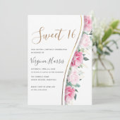 ピンクの花と葉 スウィート16 16歳の誕生日 招待状 (スタンド正面)