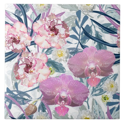 ピンクの花と蘭。 タイル (正面)