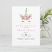 ピンクの花と虹のユニコーン 女の子のバースデー・ベビーシャワー 招待状 (スタンド正面)