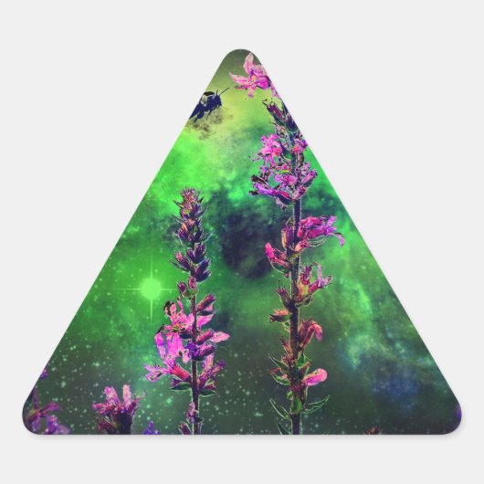 ピンクの花と蜂の世界 三角形シール (正面)