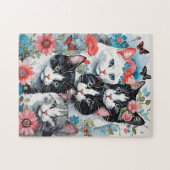 ピンクの花と蝶がかわいい猫 ジグソーパズル (横)