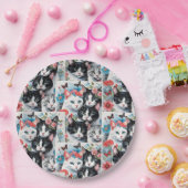 ピンクの花と蝶が咲く猫 ペーパープレート (パーティー)