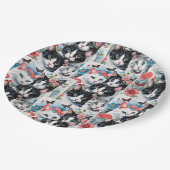 ピンクの花と蝶が咲く猫 ペーパープレート (アングル)