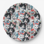 ピンクの花と蝶が咲く猫 ペーパープレート (正面)