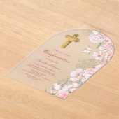 ピンクの花と蝶のアーチの確認 アクリル招待状 (レイダウン)