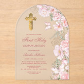 ピンクの花と蝶のアーチ最初の聖餐式 アクリル招待状 (正面)