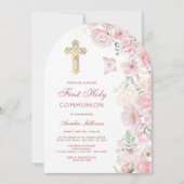 ピンクの花と蝶のアーチ最初の聖餐式 招待状 (正面)