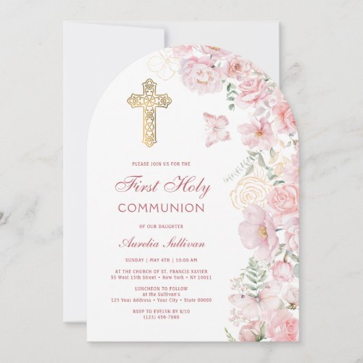 ピンクの花と蝶のアーチ最初の聖餐式 招待状 (正面)