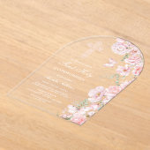 ピンクの花と蝶のアーチ 初聖体拝領 アクリル招待状 (レイダウン)