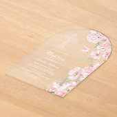 ピンクの花と蝶のアーチ 洗礼 アクリル招待状 (レイダウン)