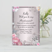 ピンクの花と蝶のウェディングパーティーカード 招待状 (スタンド正面)