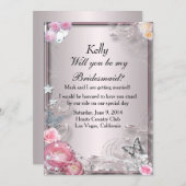 ピンクの花と蝶のウェディングパーティーカード 招待状 (正面/裏面)