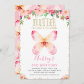 ピンクの花と蝶のゴールドグリッター誕生日テキスト 招待状 (正面/裏面)