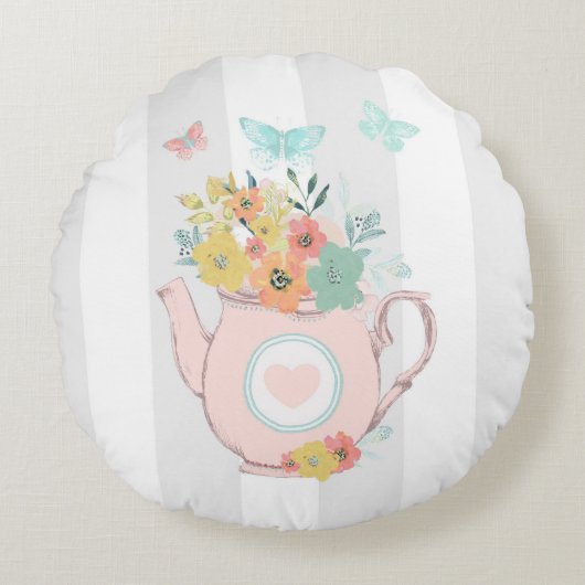 ピンクの花と蝶のティーポット ラウンドクッション (正面)