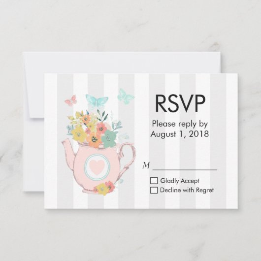 ピンクの花と蝶のティーポットRSVP 出欠カード (正面)