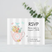 ピンクの花と蝶のティーポットRSVP 出欠カード (スタンド正面)