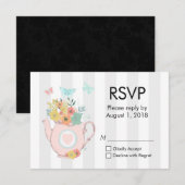 ピンクの花と蝶のティーポットRSVP 出欠カード (正面/裏面)