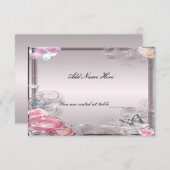 ピンクの花と蝶のテーブルプレイスカード 招待状 (正面/裏面)