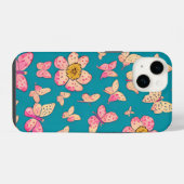 ピンクの花と蝶のパターンの背景 iPhoneケース (裏面横)