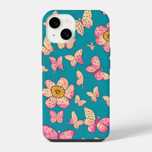 ピンクの花と蝶のパターンの背景 iPhoneケース (裏面)