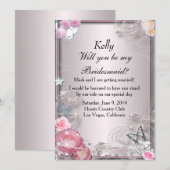 ピンクの花と蝶のブライズメイドカード 招待状 (正面/裏面)